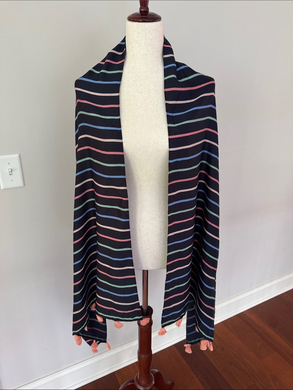 J. Crew Striped Navy Multi-Color Drape Scarf Top with Arm Openings - One Size